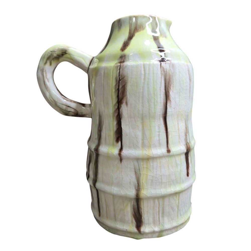 Studio Pottery Ceramic Drip Glaze Pitcher Vase Yellow Watering Can Bamboo Handle